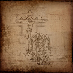 Fototapeta na wymiar Orthodox religious aged backdrop. Scrapbooking vintage paper in Byzantine style