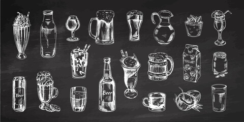 A set of hand-drawn sketches of drinks on chalkboard background. Vector illustration in vintage style. Beverages. Good for the menu. - obrazy, fototapety, plakaty