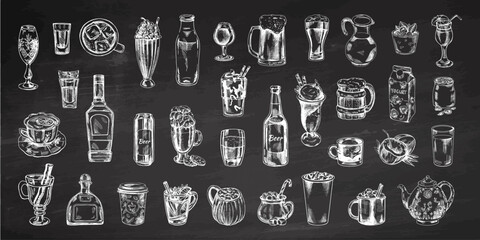 A set of hand-drawn sketches of drinks on chalkboard background. Vector illustration in vintage style. Beverages. Good for the menu. © Mariia Mazaeva