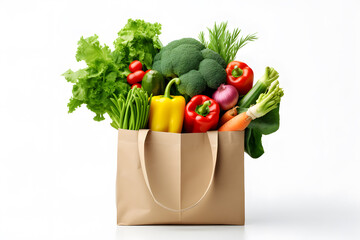 Healthy vegetarian food in paper shopping bag. Vegetables and fruits isolated on white background