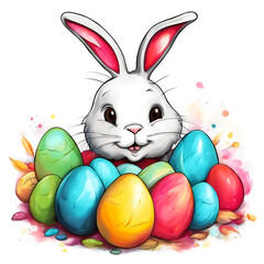 cute rabbit and painted chicken eggs. decoration for a Happy Easter. graphic drawing. artificial intelligence generator, AI, neural network image. background for the design.