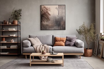 Grey Wall Art and Fabric Sofa: Rustic Scandinavian Living Room with Wooden Details