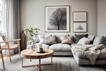 Rustic Scandinavian Grey Wall Art: Chic Fabric Sofa & Wooden Details for Apartment Decor