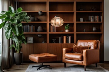 Brown Leather Armchair Designs Highlighted in Stylish Apartment with Grid Shelving and Pendant Lighting