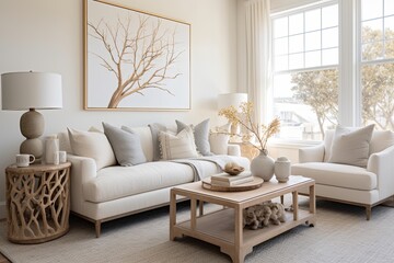 Coastal Style Apartment: Twig Decor & Comfortable Rug in Living Room Interiors