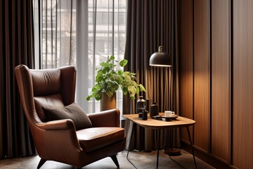 Brown Leather Armchair Designs in Serene Apartment Lounge with Curtain Draped Windows