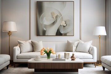 Fototapeta na wymiar Serene White Sofa Mid-century Lounge: Light-Filled Apartment Room