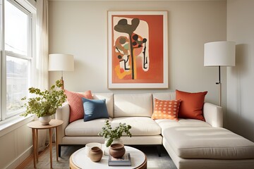 Mid-Century Apartment: White Sofa Room with Terracotta Cushion Accents & Modern Layout