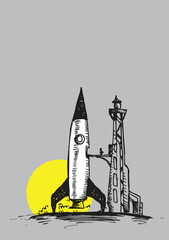 Vintage Rocket doodle art at the launching pad. Editable Clip Art.