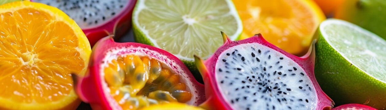 Close-up shot of exotic fruits like starfruit, dragonfruit and passionfruit, generative AI, background image
