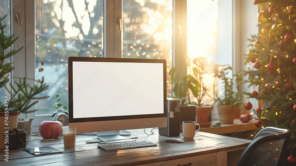Poster Computer monitor with blank screen on wooden desk in contemporary minimalist home office with outside the window. Generative AI.