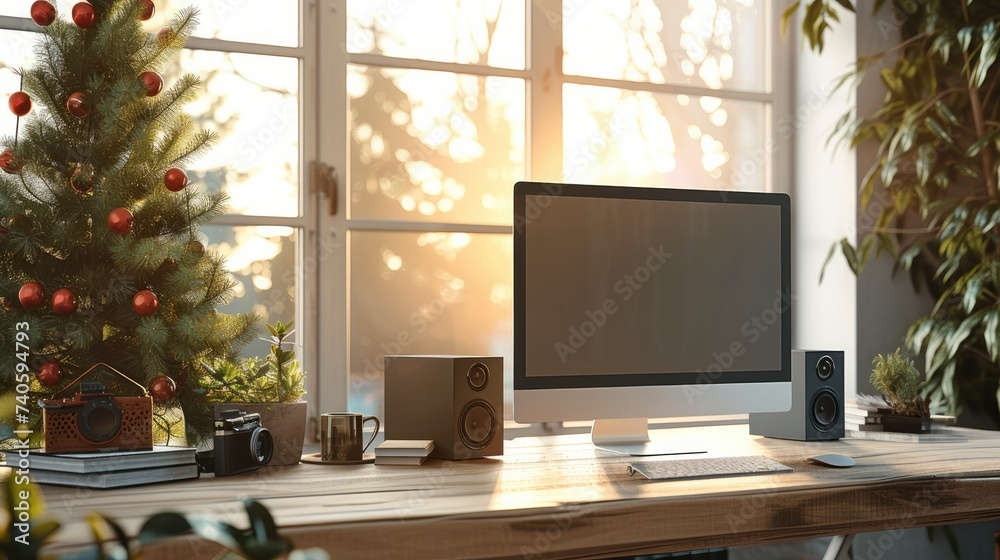 Poster Computer monitor with blank screen on wooden desk in contemporary minimalist home office with outside the window. Generative AI.
