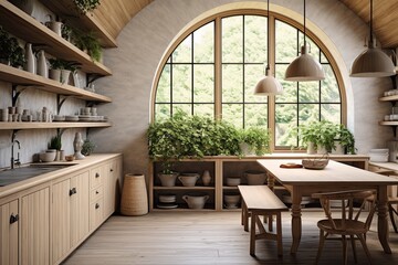 Obraz premium Cozy Textiles and Wooden Shelves: Farmhouse Kitchen Interiors with Arched Ceiling Home Designs