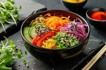 Colorful Udon Noodle Bowl Perspective, street food and haute cuisine
