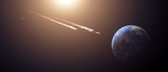 Comet, asteroid, meteorite flying to the planet Earth.  Glowing asteroid and tail of a falling...