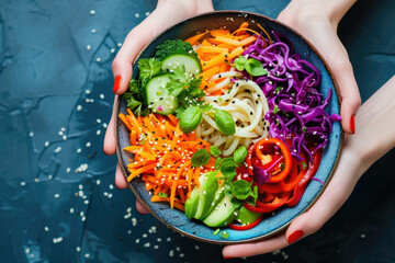 Brightly colored udon noodle bowl, street food and haute cuisine - obrazy, fototapety, plakaty