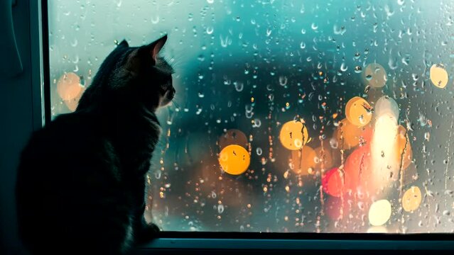 Rainy Day Reflections: A Curious Cat Observing the World Beyond the Window. Cozy Atmosphere Seamless looping 4k time-lapse virtual video animation background