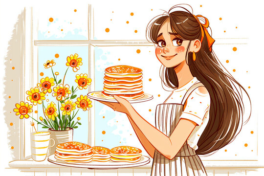Joyful girl with thin pancakes or bliny on a plate in her hands. National russian festival. Maslenitsa or Shrovetide Day. Spring is coming concept. Illustration for banner or greeting card