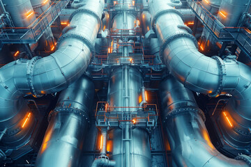 Petrochemical plant industry production factory pipeline. Equipment steel pipes on factory line, chemical manufacturing racks. Concept for industry. - obrazy, fototapety, plakaty