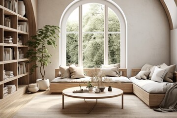 Nordic Vibe: Arched Ceiling Home Design with Cozy Lounge and Round Coffee Table