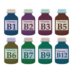 Set of 8 colorful vitamin icons - A, B, C, D, E, K - simple bottle icon illustration, graphic element for products, supplements, web design and more.