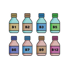 Set of 8 colorful vitamin icons - A, B, C, D, E, K - simple bottle icon illustration, graphic element for products, supplements, web design and more.