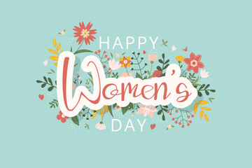 Happy women's day card, banner. Colorful flowers on the blue background. Flat style vector illustration