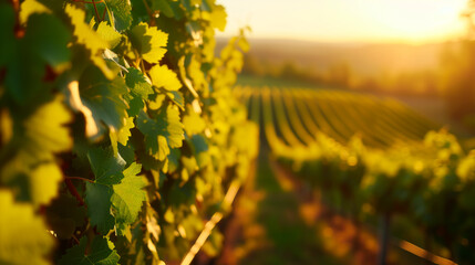 Sunset over lush vineyard rows, highlighting wine agriculture.
