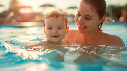 Mother and baby enjoying pool time at sunset, shallow depth of field. Holiday and summer feeling.