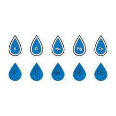 Set of 10 blue electrolyte icon elements - Calcium, Potassium, Chlorine, Magnesium, Sodium - to use in product, web design, advertisement and more.