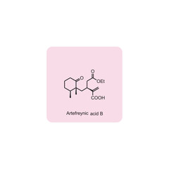 Artefreynic acid B skeletal structure diagram.Sesquiterpene compound molecule scientific illustration on pink background.