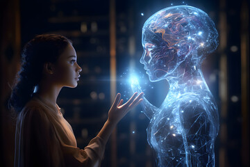 Künstliche intelligenz als Hologramm dargestellt trifft auf Menschen - obrazy, fototapety, plakaty