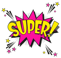 Obraz premium Comic lettering super. Vector bright cartoon illustration in retro pop art style. Comic text sound effects. EPS 10.