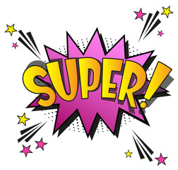 Obraz premium Comic lettering super. Vector bright cartoon illustration in retro pop art style. Comic text sound effects. EPS 10.