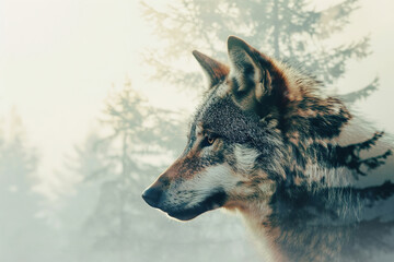 Fototapeta premium wallpaper of a wolf in double exposure of forest, silhouette 