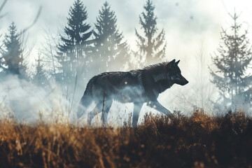 wallpaper of a wolf in double exposure of forest, silhouette 