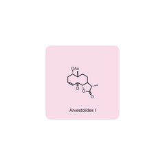 Arvestolides I skeletal structure diagram.Sesquiterpene compound molecule scientific illustration on pink background.