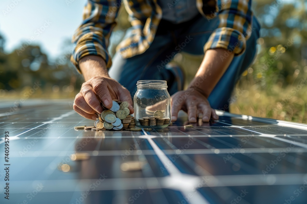 Poster close-up of a man hand with money in a glass jar and coins on solar panels. generative ai.