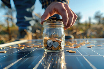 Close-up of a man hand with money in a glass jar and coins on solar panels. Generative AI. - obrazy, fototapety, plakaty