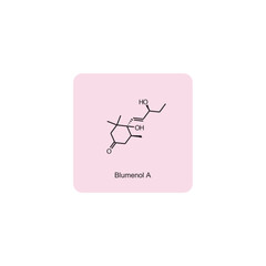 Blumenol A skeletal structure diagram.Sesquiterpene compound molecule scientific illustration on pink background.