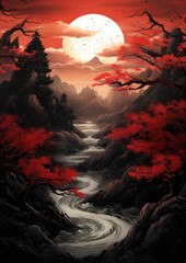 artwork of an asian landscape and with red blossom and mountains