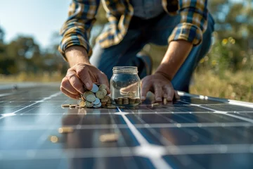 Fotobehang Close-up of a man hand with money in a glass jar and coins on solar panels. Generative AI. © visoot