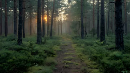 Fototapeten A forest with a path that is surrounded by trees and the sun shining through the trees, Magical fantasy fairy tale scenery, night in a forest,  Free Photo   © Abdul