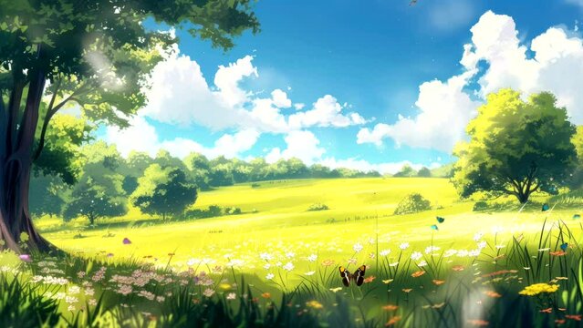 Spring Symphony: A Nature Background with Blooming Flowers and Butterflies. Cozy Atmosphere Seamless looping 4k time-lapse virtual video animation background