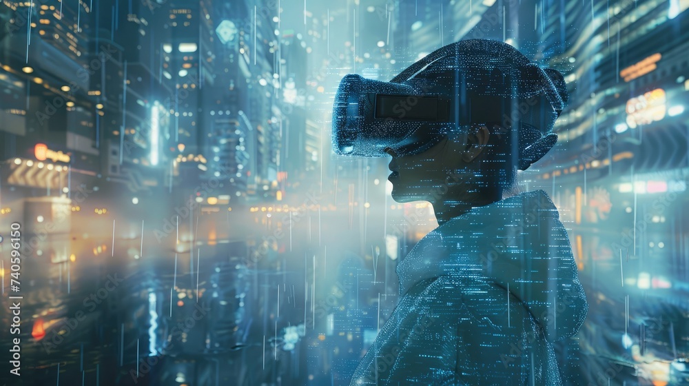 Poster Digital illustration of a user's metaverse presence, navigating through a futuristic virtual reality landscape, where digital technology and cyber world elements merge. Generative AI.