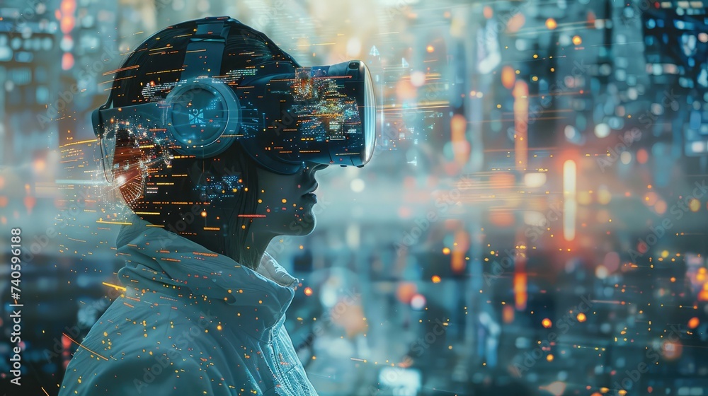 Poster Digital illustration of a user's metaverse presence, navigating through a futuristic virtual reality landscape, where digital technology and cyber world elements merge. Generative AI.