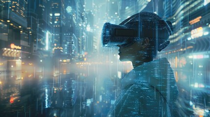 Digital illustration of a user's metaverse presence, navigating through a futuristic virtual reality landscape, where digital technology and cyber world elements merge. Generative AI.