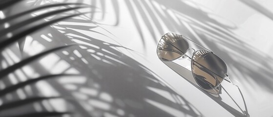 Sunglasses with Palm Leaf Shadow on White Surface