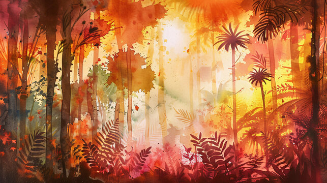 Watercolor image of Indian summer in the jungle rain.