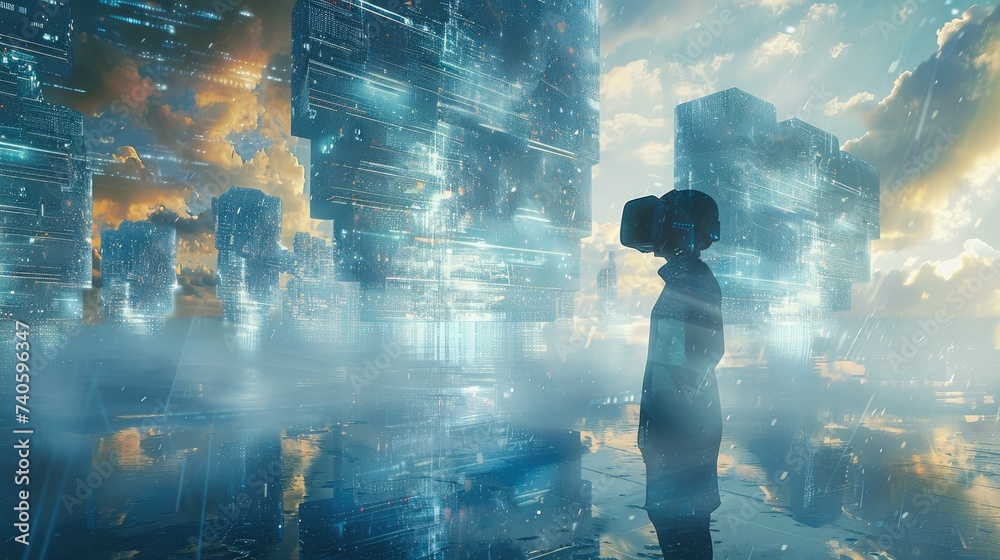 Poster Digital illustration of a user's metaverse presence, navigating through a futuristic virtual reality landscape, where digital technology and cyber world elements merge. Generative AI.